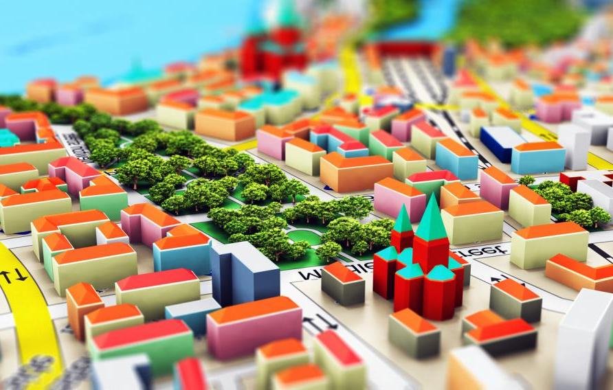 Creative abstract GPS satellite navigation, travel, 旅游定位路线规划业务理念:微缩彩色城市地图的宏观视图3D渲染插画，具有选择性聚焦效果的3D建筑 